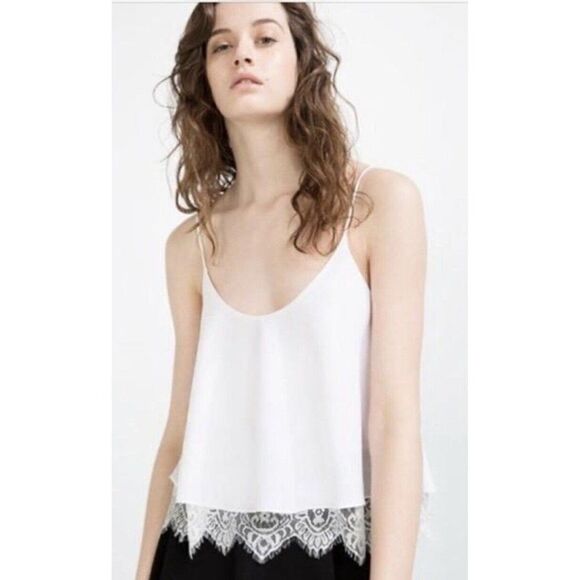zara 2366/840/251 Solid White Lace Trim Scoop Neck Tank Top Cami Small - Picture 2 of 7